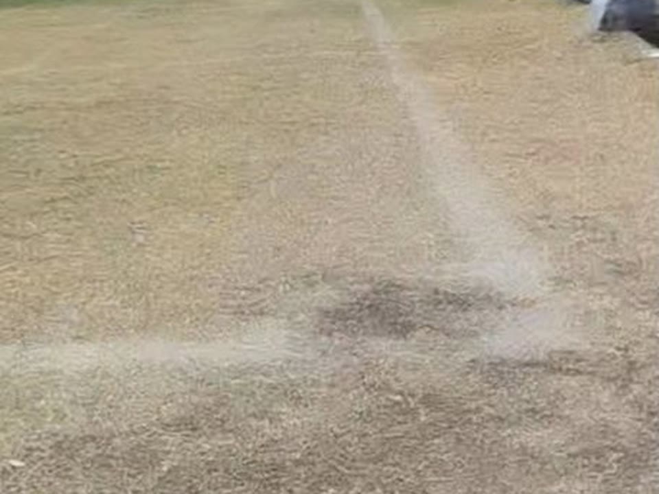 Cancha con el pasto seco y marchito antes del tratamiento