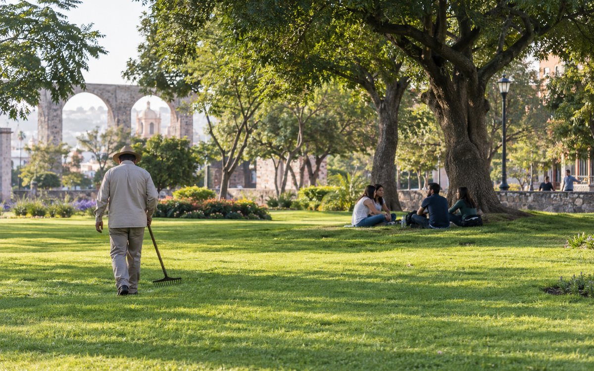 Un jardinero recorre un área verde por la mañana mientras un grupo de personas conversa a la sombra