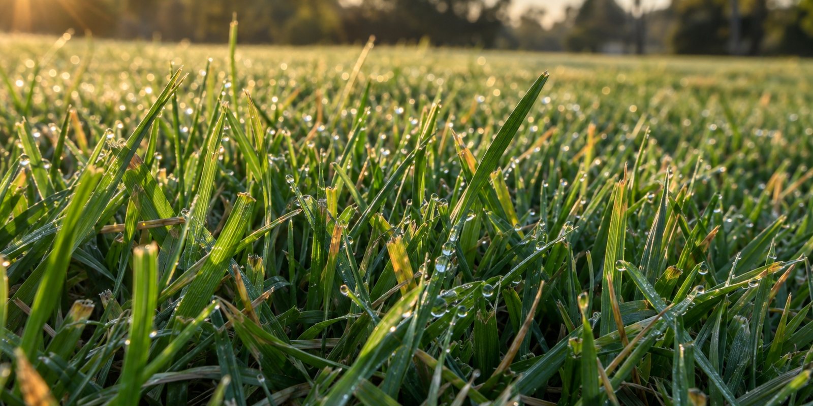 Hojas de césped con gotas de rocío a la luz de la mañana, algunas con las puntas amarillentas