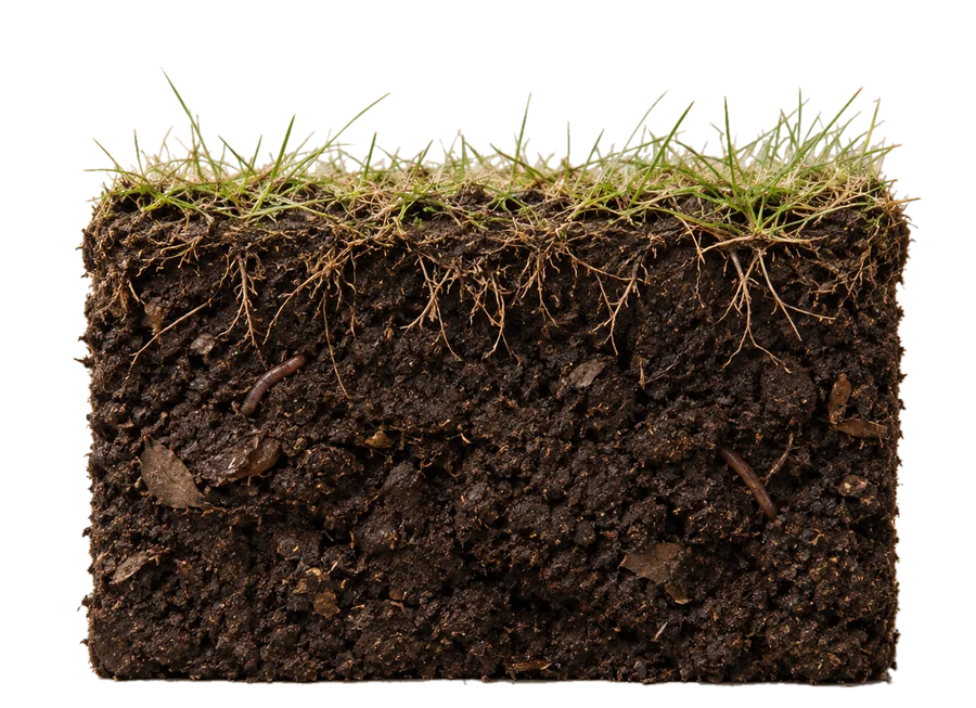 Corte de tierra oscura y fértil con raíces cortas y pasto escaso