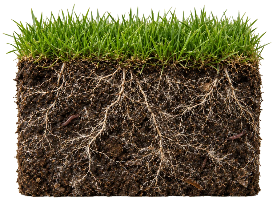Corte de tierra oscura y fértil con raíces abundantes y pasto denso