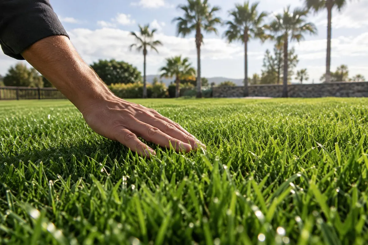 Mano que roza un césped denso y verde, con palmeras al fondo
